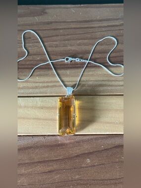 Large Citrine Pendant Necklace Emerald Cut Golden Yellow Stone 19” Chain